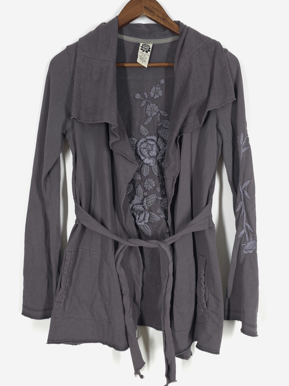 Lucky Brand Embroidered Floral Open Front Belted Cardigan Jacket Gray Size Small